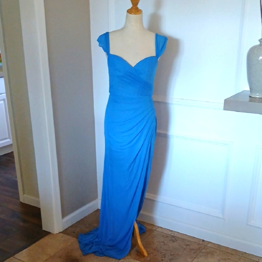 Azazie Vibrant Blue Sleeveless Ruched Goddess Gown